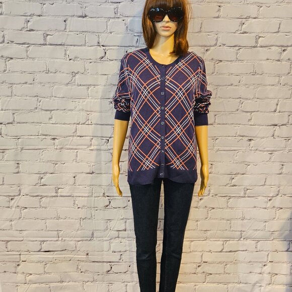 CHARTER CLUB, Navy blue/white/pink plaid cotton cardigan - Picture 4 of 13